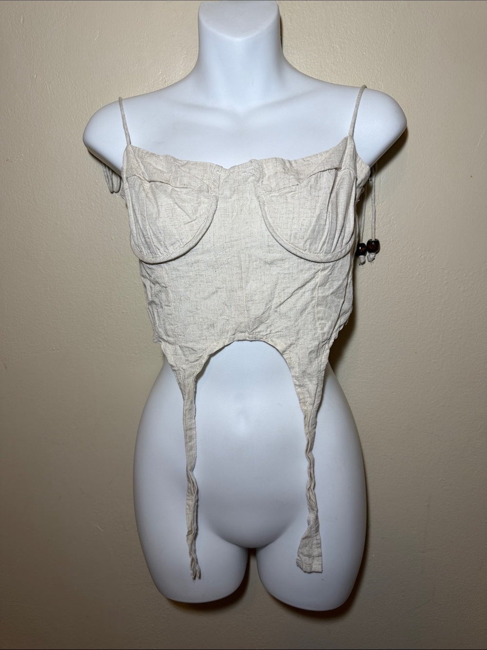 PrettyLittleThing Beige Linen Corset-Style Crop Top